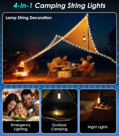 Camping String Lights, Rechargeable LED Camping Lantern Flashlight with 8000Mah Battery 8 Modes Waterproof Camping Lights for Garden Outdoor Home Emergency, 33Ft