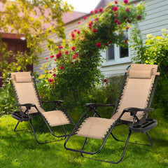 Set of 2 Relaxing Recliners Patio Chairs Adjustable Steel Mesh Zero Gravity Lounge Chair Recliners with Pillow and Cup Holder (Khaki)