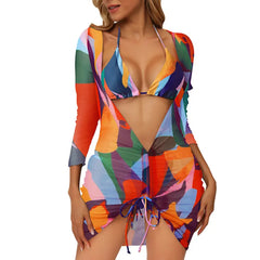 Vertvie Women Triangle Halter Swimsuits Thong Bottoms with Mesh Swim Cover up Dress Tie Dye 3 Pieces Bikini Sets
