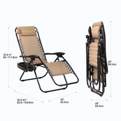 Set of 2 Relaxing Recliners Patio Chairs Adjustable Steel Mesh Zero Gravity Lounge Chair Recliners with Pillow and Cup Holder (Khaki)