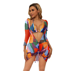 Vertvie Women Triangle Halter Swimsuits Thong Bottoms with Mesh Swim Cover up Dress Tie Dye 3 Pieces Bikini Sets