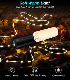 Camping String Lights, Rechargeable LED Camping Lantern Flashlight with 8000Mah Battery 8 Modes Waterproof Camping Lights for Garden Outdoor Home Emergency, 33Ft