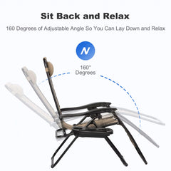 Set of 2 Relaxing Recliners Patio Chairs Adjustable Steel Mesh Zero Gravity Lounge Chair Recliners with Pillow and Cup Holder (Khaki)