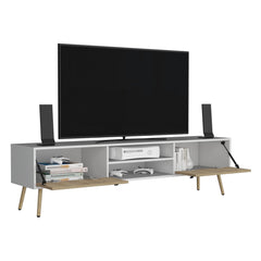 Huna TV Stand, Dual-Tone with Hinged Drawers and Open Shelves