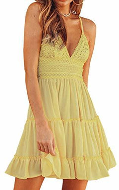 Womens V-Neck Spaghetti Strap Bowknot Backless Sleeveless Lace Mini Swing Skater Dress