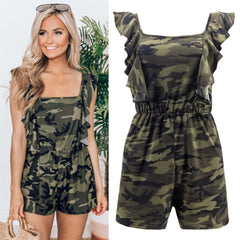 Summer New Women's Camouflage Ruffled Jumpsuit Shorts