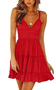 Womens V-Neck Spaghetti Strap Bowknot Backless Sleeveless Lace Mini Swing Skater Dress