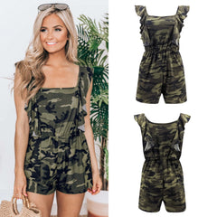 Summer New Women's Camouflage Ruffled Jumpsuit Shorts