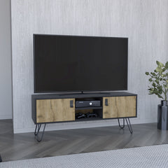 Huna Hairpin Legs TV Stand, Dual-Tone with 2 Doors and Open Shelves