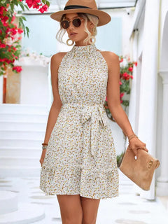 Women'S Ditsy Floral Print Ruffle Hem Belted Dress, Summer Clothes Women, Boho Halter Neck Short a Line Dress for Summer Beach Holiday Vacation, Women Clothes