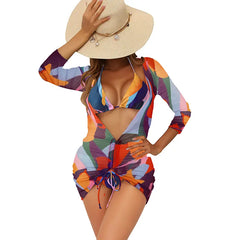 Vertvie Women Triangle Halter Swimsuits Thong Bottoms with Mesh Swim Cover up Dress Tie Dye 3 Pieces Bikini Sets
