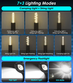 Camping String Lights, Rechargeable LED Camping Lantern Flashlight with 8000Mah Battery 8 Modes Waterproof Camping Lights for Garden Outdoor Home Emergency, 33Ft