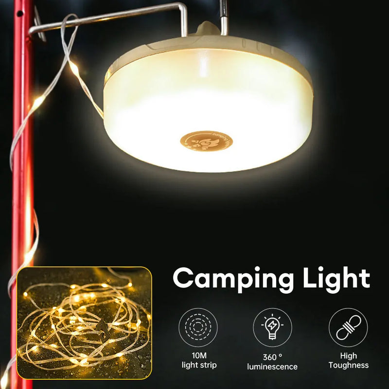 10M Camping String Lights with Lanterns 2000Mah Outdoor Camping Lights Tent Atmosphere Light Waterproof Rechargeable Flashlights