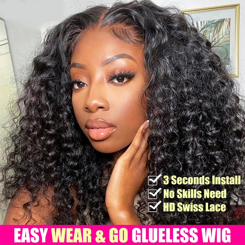 Water Wave Glueless Wig Pre-Cut HD Lace Wig 180% Pre-Plucked Natural Wave Wear Go Glueless Curly Human Hair Wigs for Women