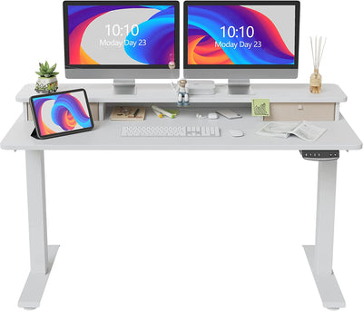 55 X 24 Inch Height Adjustable Electric Standing Desk with Double Drawer, Stand up Desk with Storage Shelf, Sit Stand Desk, White