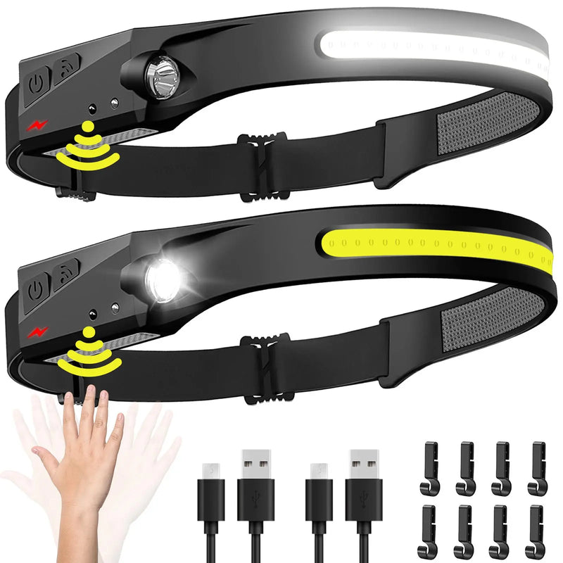 LED Headlamp Rechargeable LED Light, Super Bright Head Lamp with Motion Sensor, 230° Wide Beam Spotlight Waterproof Headlight for Camping, Hiking, Running, Hurricane, Cycling, Sports Accessories, Bikepacking, Camping Accessories Gear