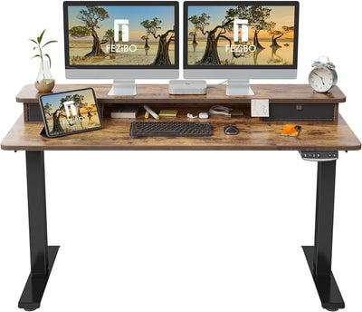 55 X 24 Inch Height Adjustable Electric Standing Desk with Double Drawer, Stand up Desk with Storage Shelf, Sit Stand Desk, Rustic Brown