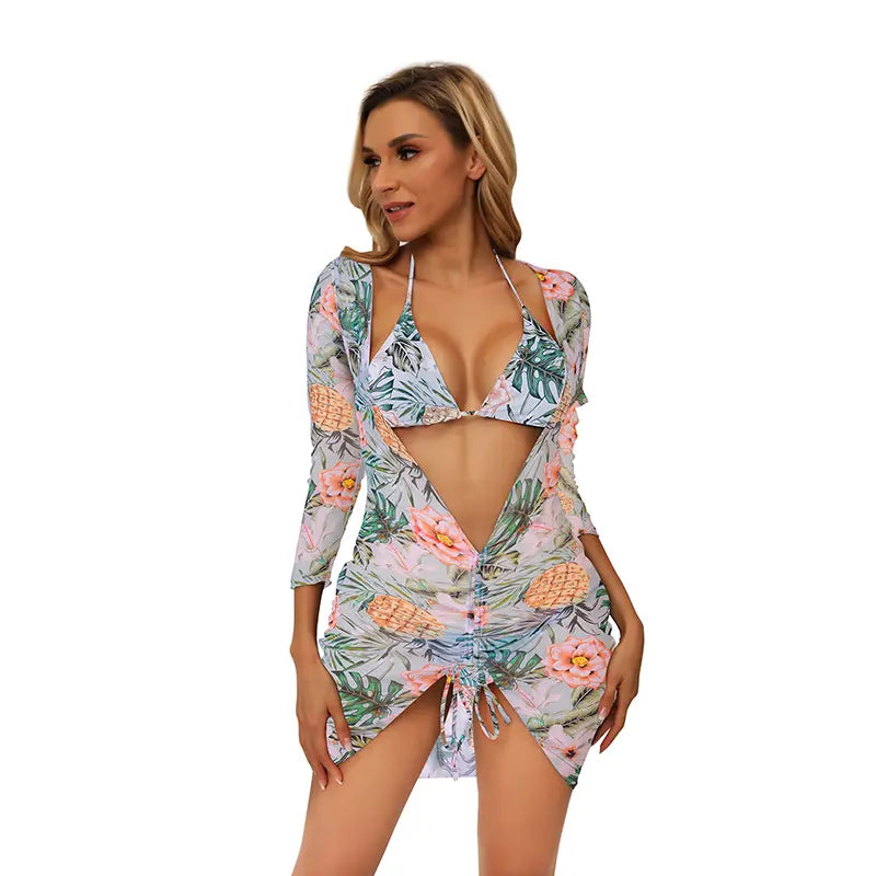 Vertvie Women Triangle Halter Swimsuits Thong Bottoms with Mesh Swim Cover up Dress Tie Dye 3 Pieces Bikini Sets