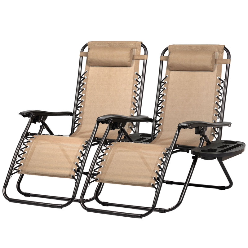 Set of 2 Relaxing Recliners Patio Chairs Adjustable Steel Mesh Zero Gravity Lounge Chair Recliners with Pillow and Cup Holder (Khaki)
