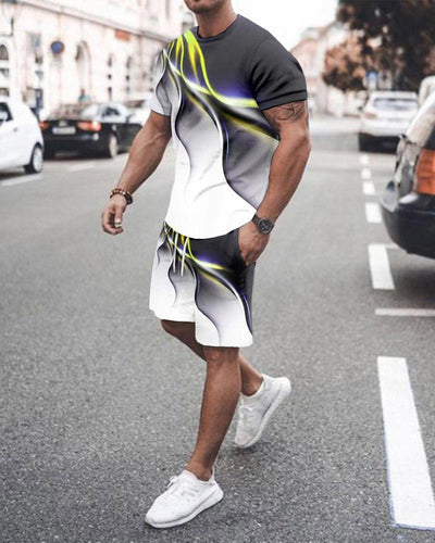 3D T-shirt digital printing short-sleeved shorts suit men's casual beach pants two-piece set
