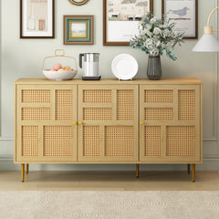 TV Stand with Rattan Door for Televisions up to 55\" with Adjustable Shelves and Storage Cabinets, Modern Entertainment Center Console Table for Living Room
