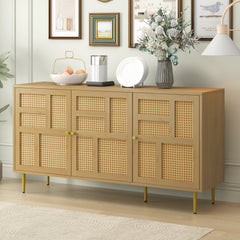 TV Stand with Rattan Door for Televisions up to 55\" with Adjustable Shelves and Storage Cabinets, Modern Entertainment Center Console Table for Living Room
