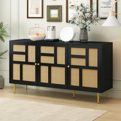 TV Stand with Rattan Door for Televisions up to 55\" with Adjustable Shelves and Storage Cabinets, Modern Entertainment Center Console Table for Living Room