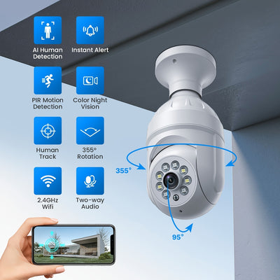 2.4Ghz Light Bulb Security Camera; Human Detection And Track; Color Night Vision; Instant Alert; 1080P Wireless Wi-Fi Smart Home Security Cameras; Wi Fi Camera