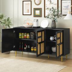 TV Stand with Rattan Door for Televisions up to 55\" with Adjustable Shelves and Storage Cabinets, Modern Entertainment Center Console Table for Living Room