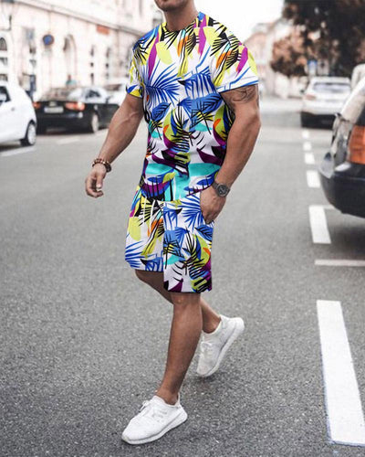 3D T-shirt digital printing short-sleeved shorts suit men's casual beach pants two-piece set