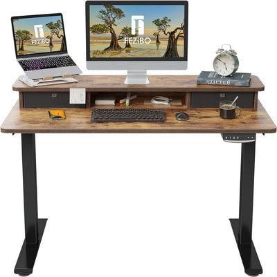 48 X 24 Inch Height Adjustable Electric Standing Desk with Double Drawer, Stand up Desk with Storage Shelf, Sit Stand Desk, Rustic Brown